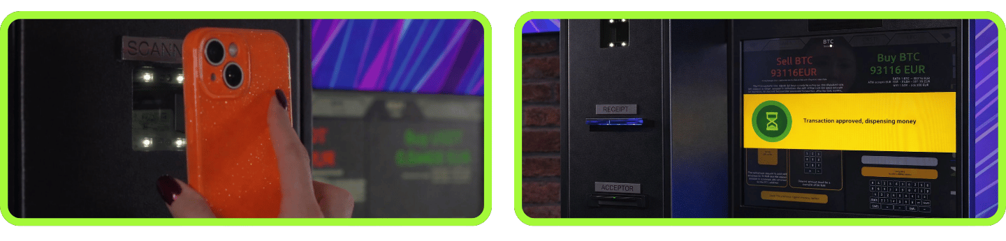 2 Fotos von einer Transaktion am Bitcoin ATM