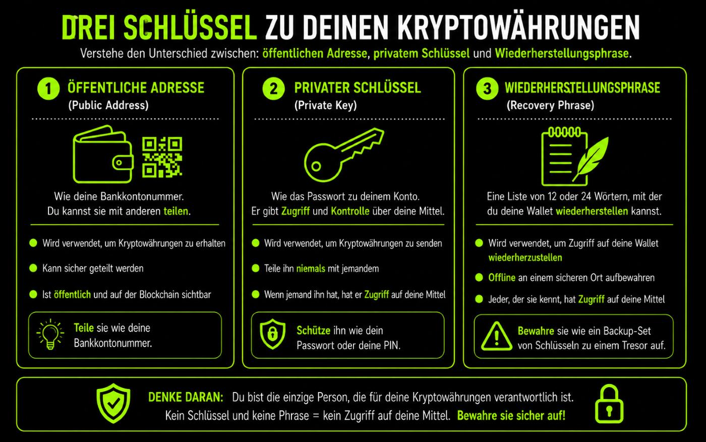 Eine Grafik, die die Funktionsweise einer BTC-Wallet erklärt.