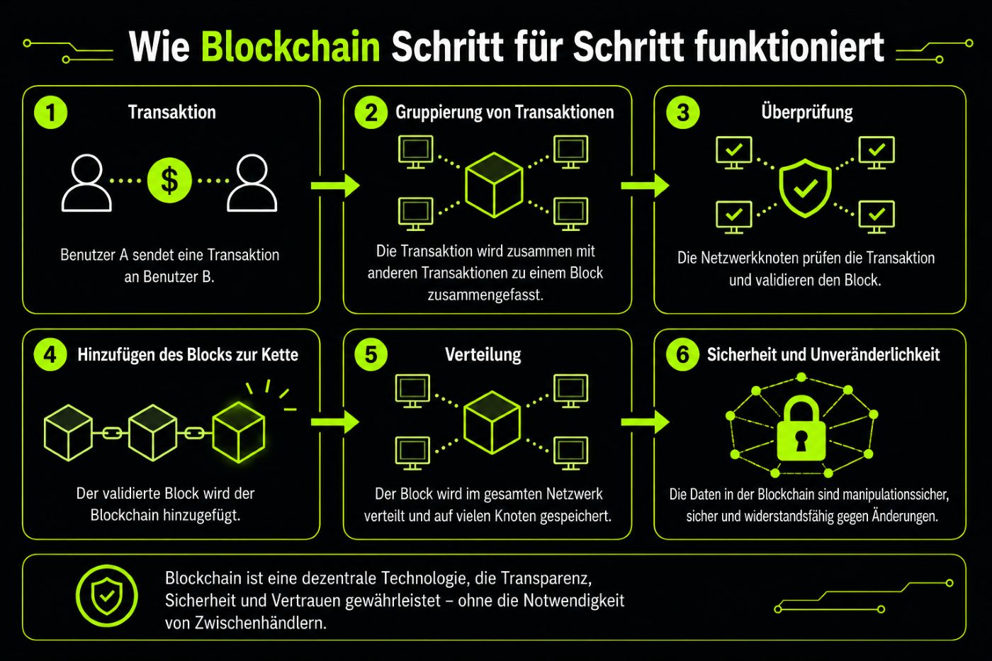 Eine Grafik, die die Funktionsweise der Blockchain erklärt