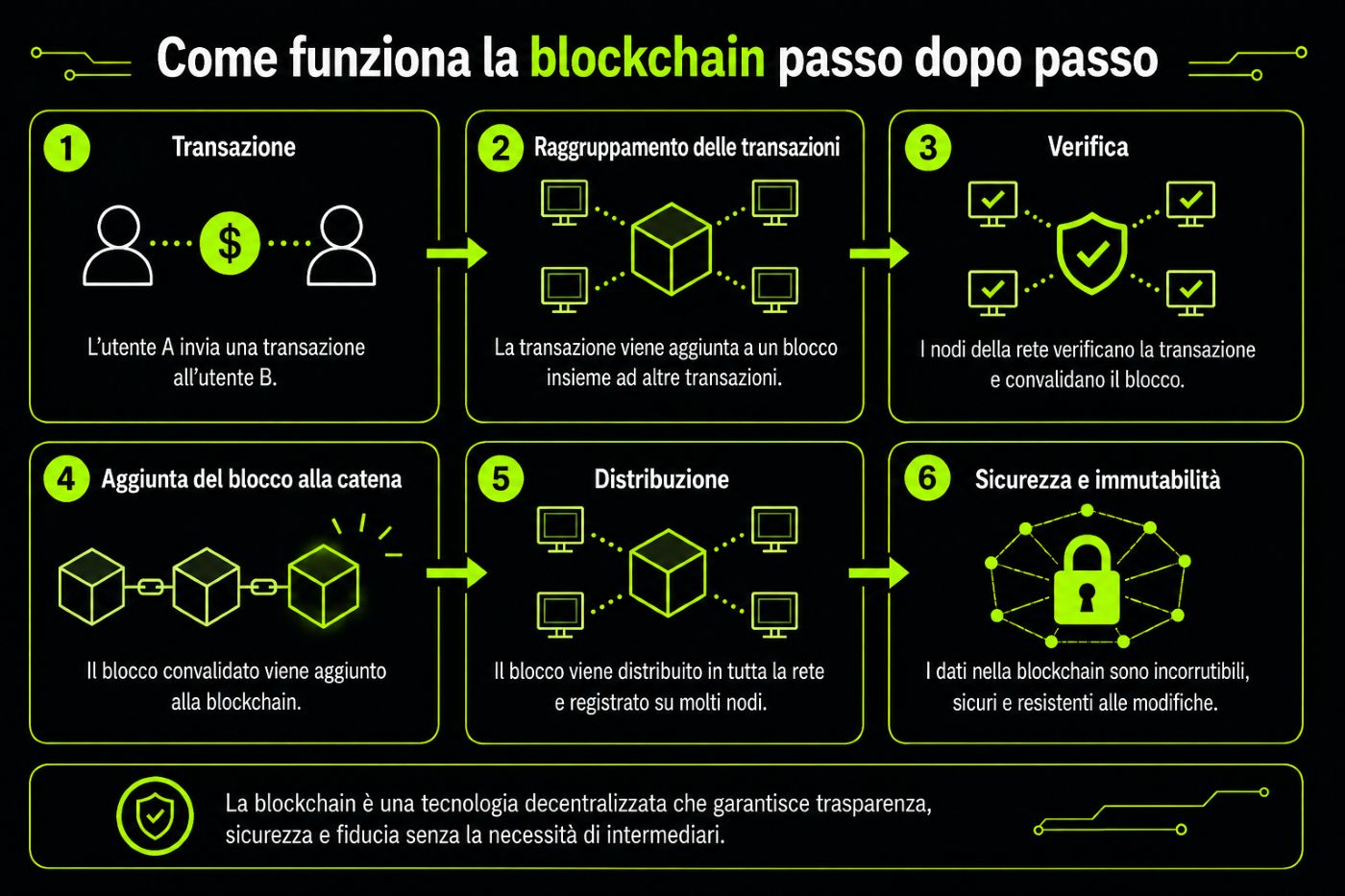 Infografica che spiega il funzionamento della blockchain
