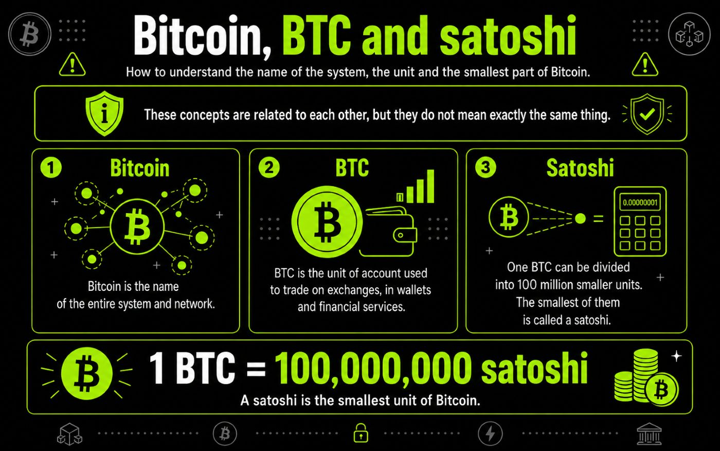 What do Bitcoin, BTC and satoshi mean?