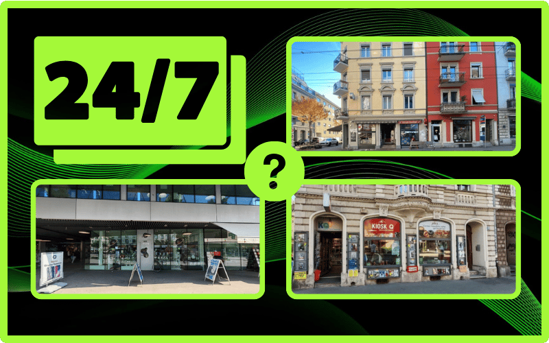 Fotos der Standorte in Zürich mit 24/7-Schild