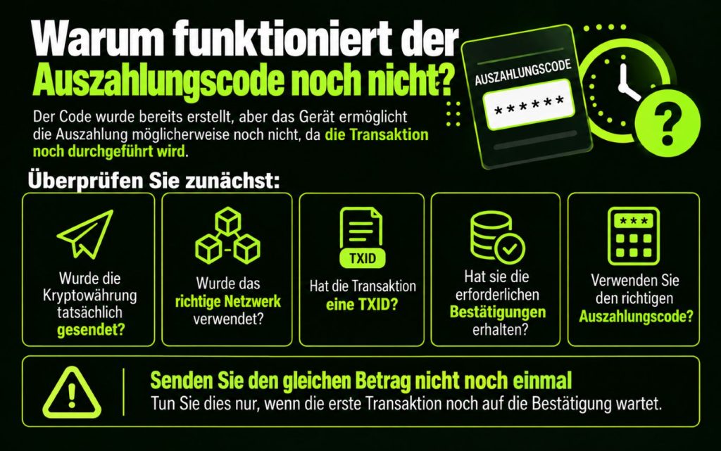 Erklärung, warum der Auszahlungscode noch nicht funktioniert.