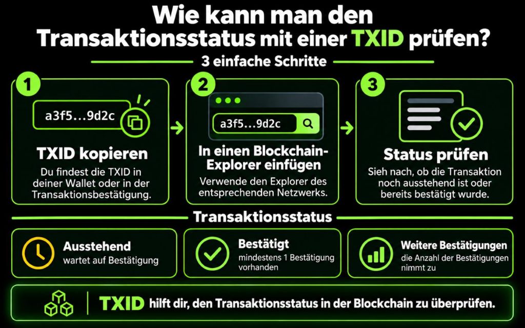 Erklärung, wie man den Status einer Transaktion mithilfe der TXID überprüft.